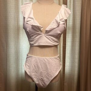 White Ruffle Top Tie Back High Waist Bikini Swimsuit Set Womens Large NWOT
